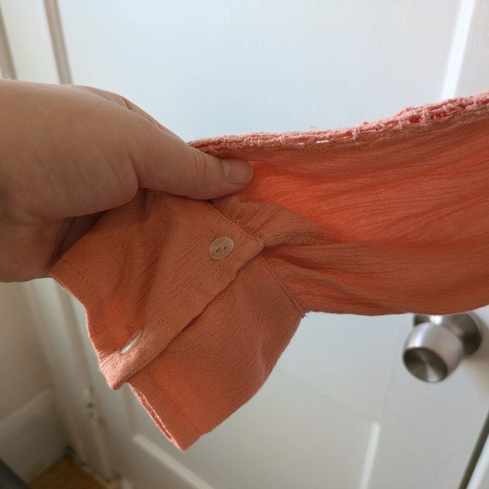 Free People "Katie Bird" Peach Pink Crochet Trim Button-Down Top - Picture 15 of 15